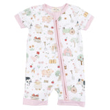 Cute Farm Animals Pink - Shortie 2 Way Zipper Romper