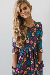 Skeleton Web 3/4 Sleeve Pocket Twirl Dress