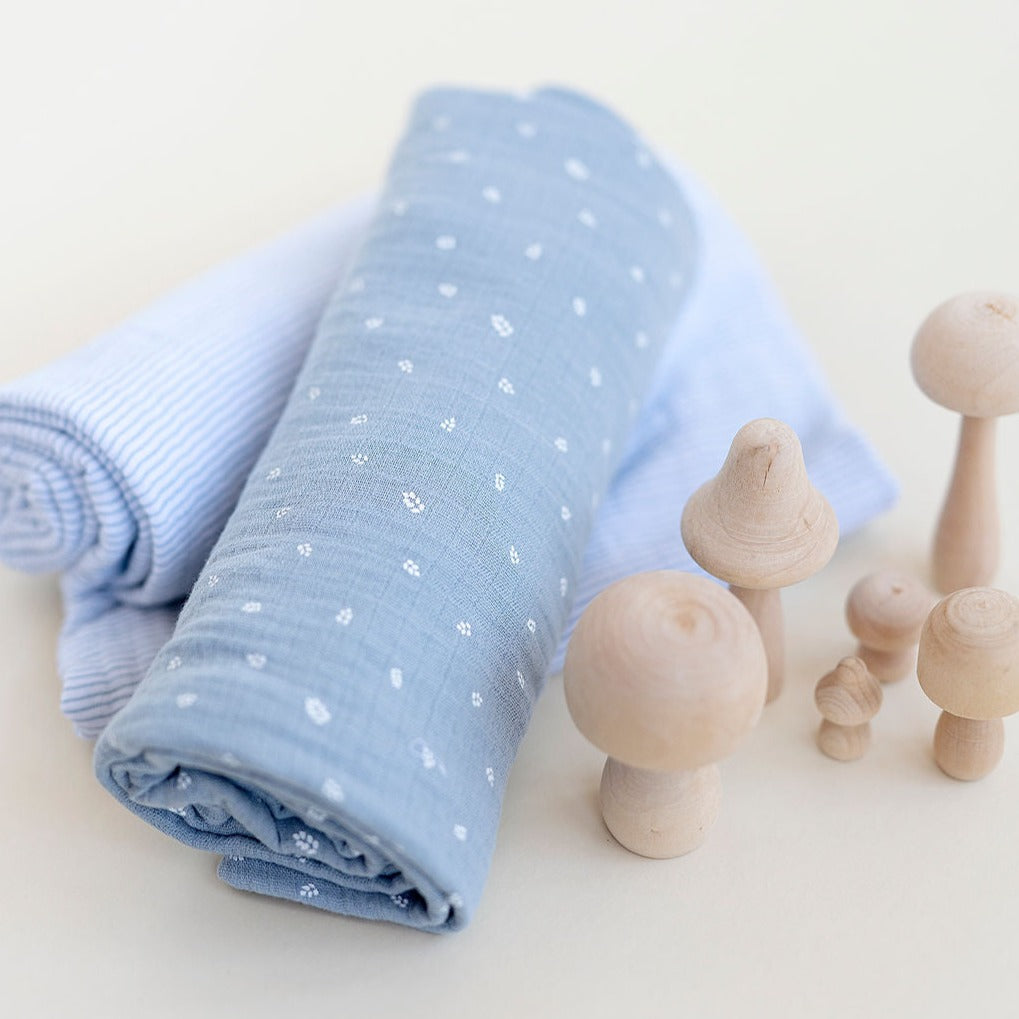 2 Pack Cotton Muslin Swaddle Blanket - Blue Leaf & Stripes - HoneyBug 