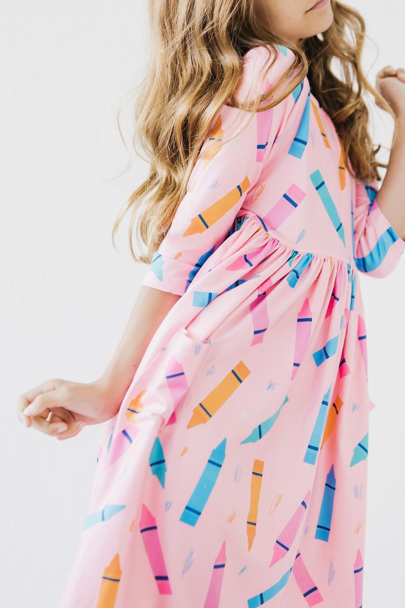 Color Crayons 3/4 Sleeve Pocket Twirl Dress