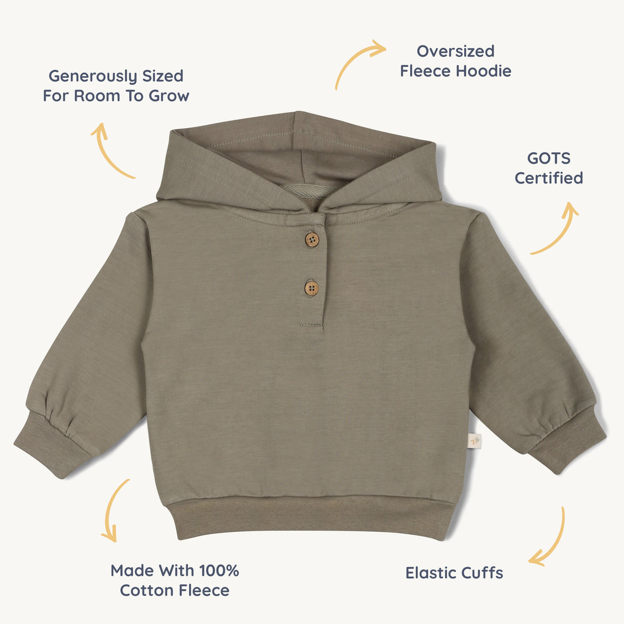 Organic Fleece Henley Hoodie - Olive