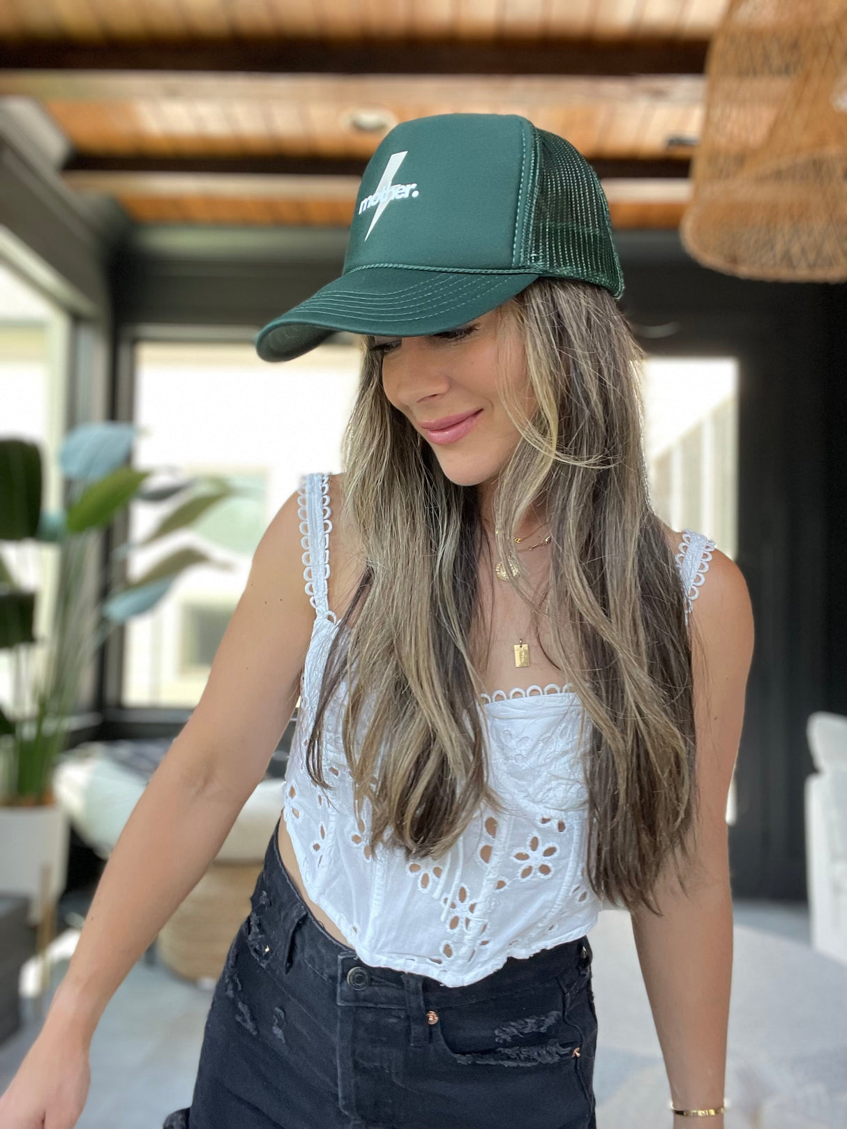 Mother Strong Printed Trucker Hat - Forest Green - HoneyBug 