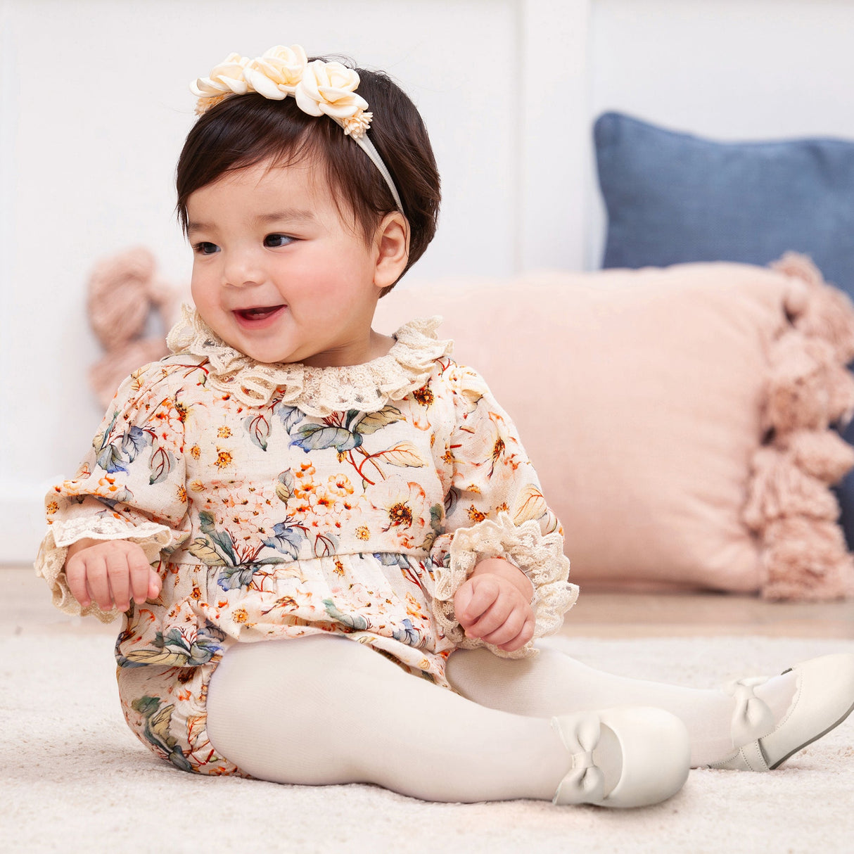Vivian Baby Girls’ Vintage Floral Bodysuit with Lace Accents - HoneyBug 