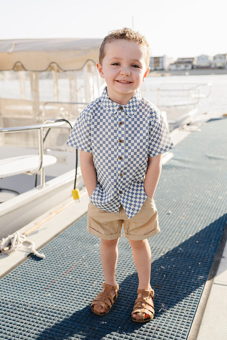Blue Checkered Linen Button Up Shirt