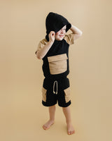 Terry Cargo Shorts Set | Black & Tan - HoneyBug 