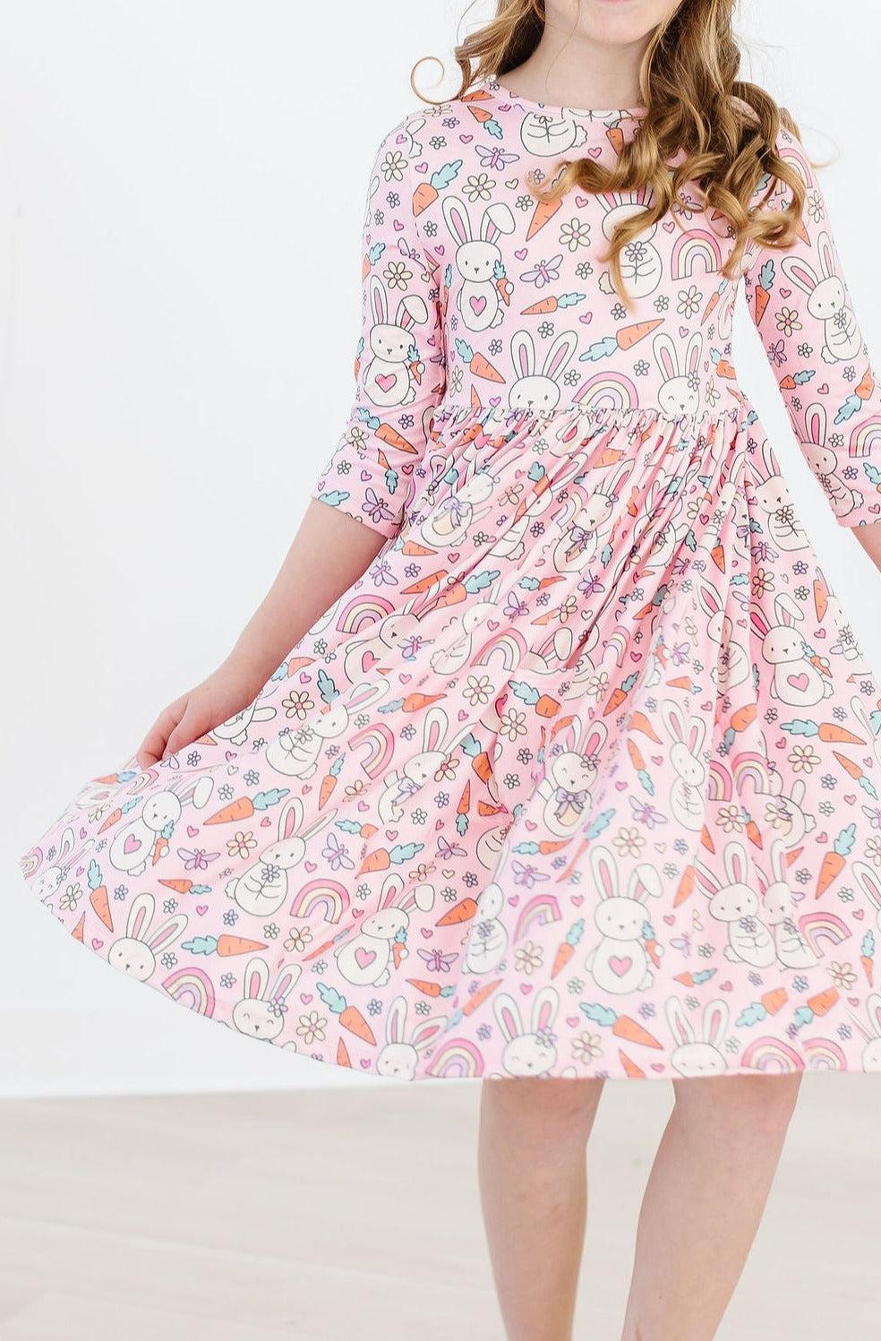 Springtime Bunnies 3/4 Sleeve Pocket Twirl Dress