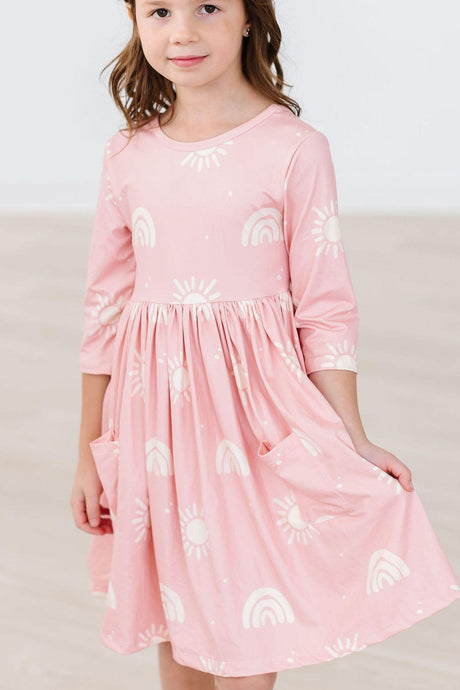 Soft Pink Suns 3/4 Sleeve Pocket Twirl Dress