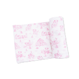 Puppy Toile Pink - 2 Way Ruffle Back Zipper Footie with Bandana Bib, and Swaddle Blanket Set