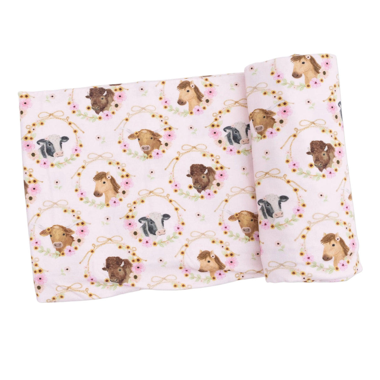 Farm Animals Floral Cameos Pink - Swaddle Blanket