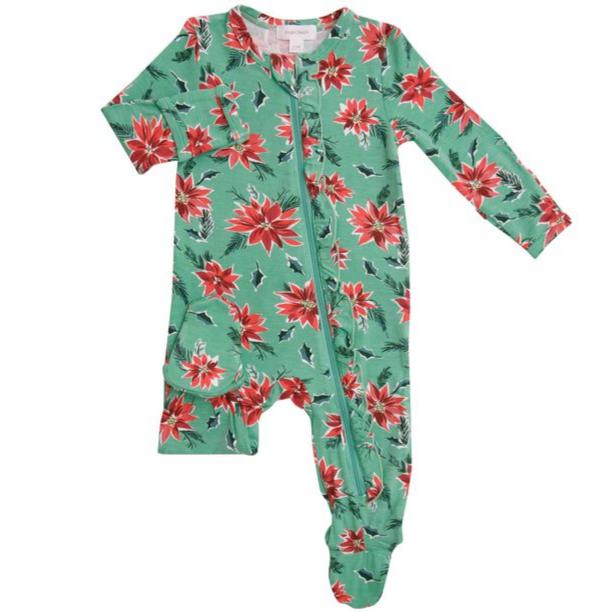 2 Way Ruffle Zipper Footie - Poinsettia