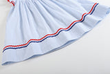 4th of July Blue Striped Stars Smocked Bishop Dress