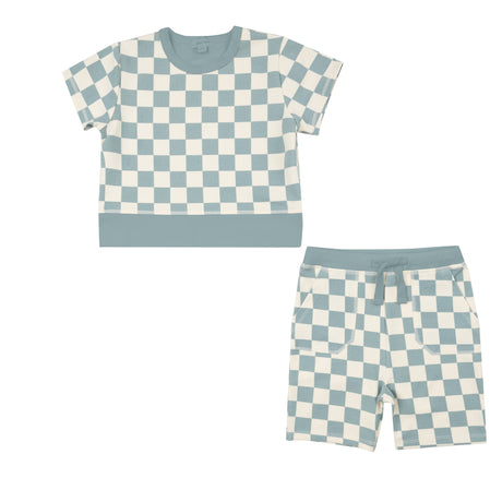 French Terry Crew Neck + Everyday Short Set - Checkerboard Gray Mist