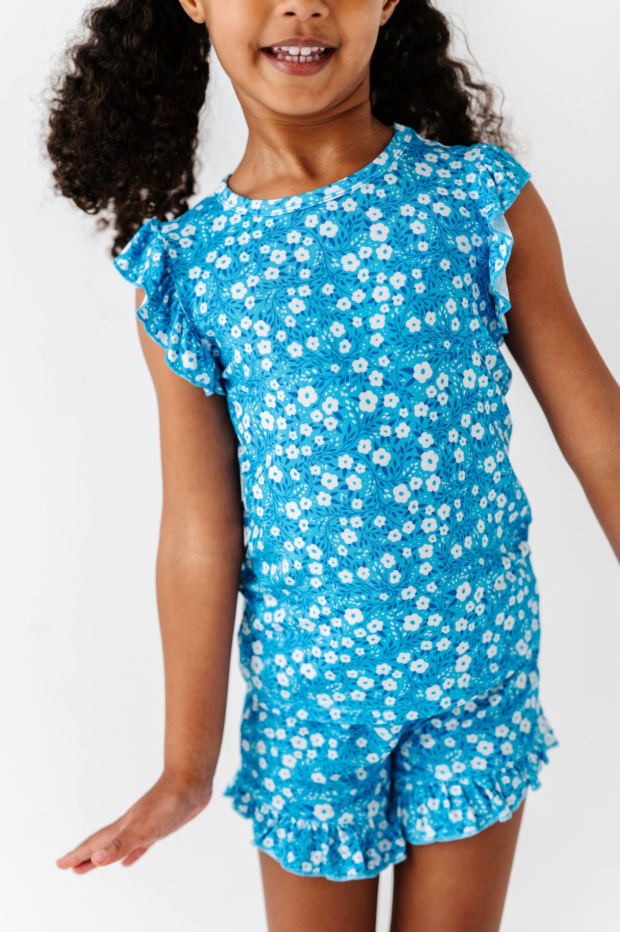 Blue Base Flowers Ruffle Short Set