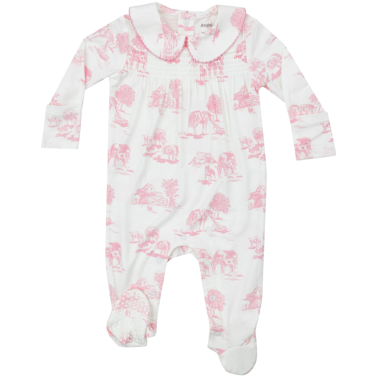 Smocked Peter Pan Footie - Farm Toile Pink