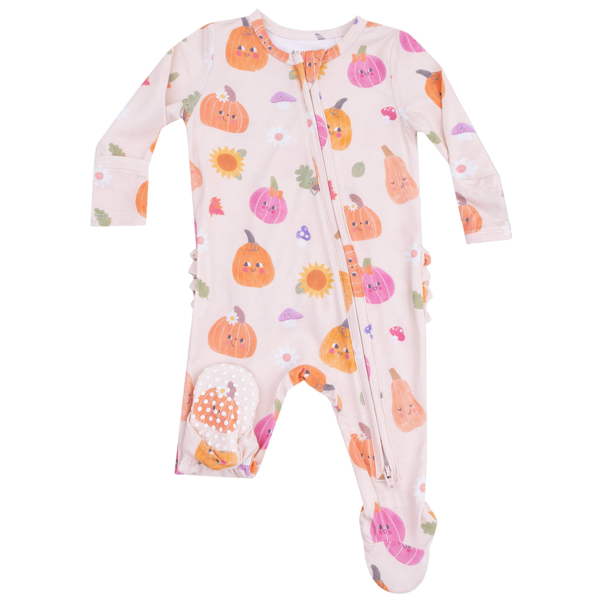 2 Way Zipper Ruffle Back Footie - Autumn Pumpkins - Pink - HoneyBug 