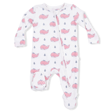 Bubbly Whale with Bow  Pink - 2 Way Ruffle Back Zipper Footie