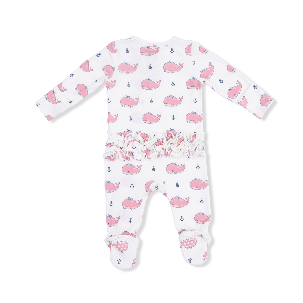 Bubbly Whale with Bow  Pink - 2 Way Ruffle Back Zipper Footie