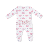 Bubbly Whale with Bow  Pink - 2 Way Ruffle Back Zipper Footie