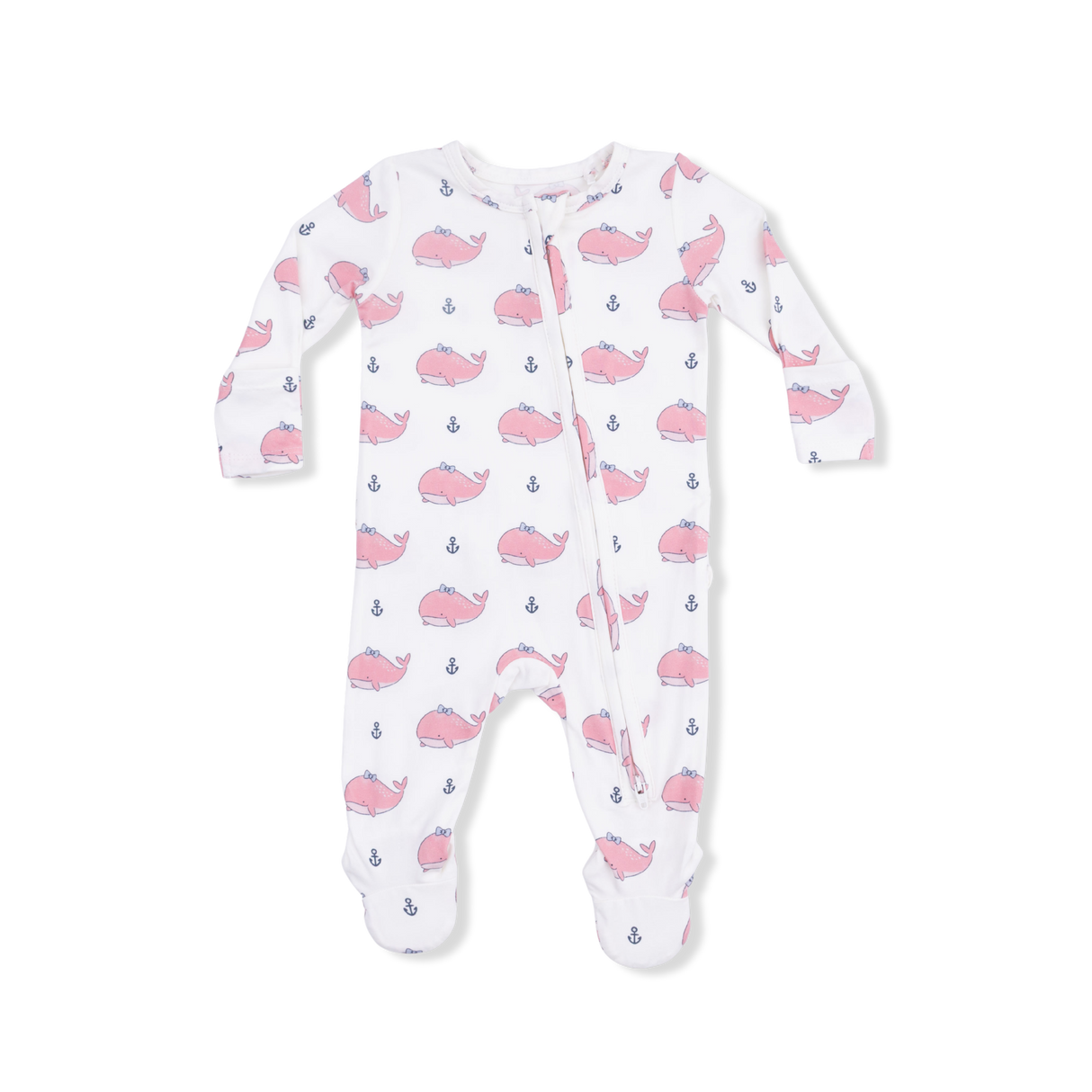 Bubbly Whale with Bow  Pink - 2 Way Ruffle Back Zipper Footie
