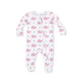 Bubbly Whale with Bow  Pink - 2 Way Ruffle Back Zipper Footie