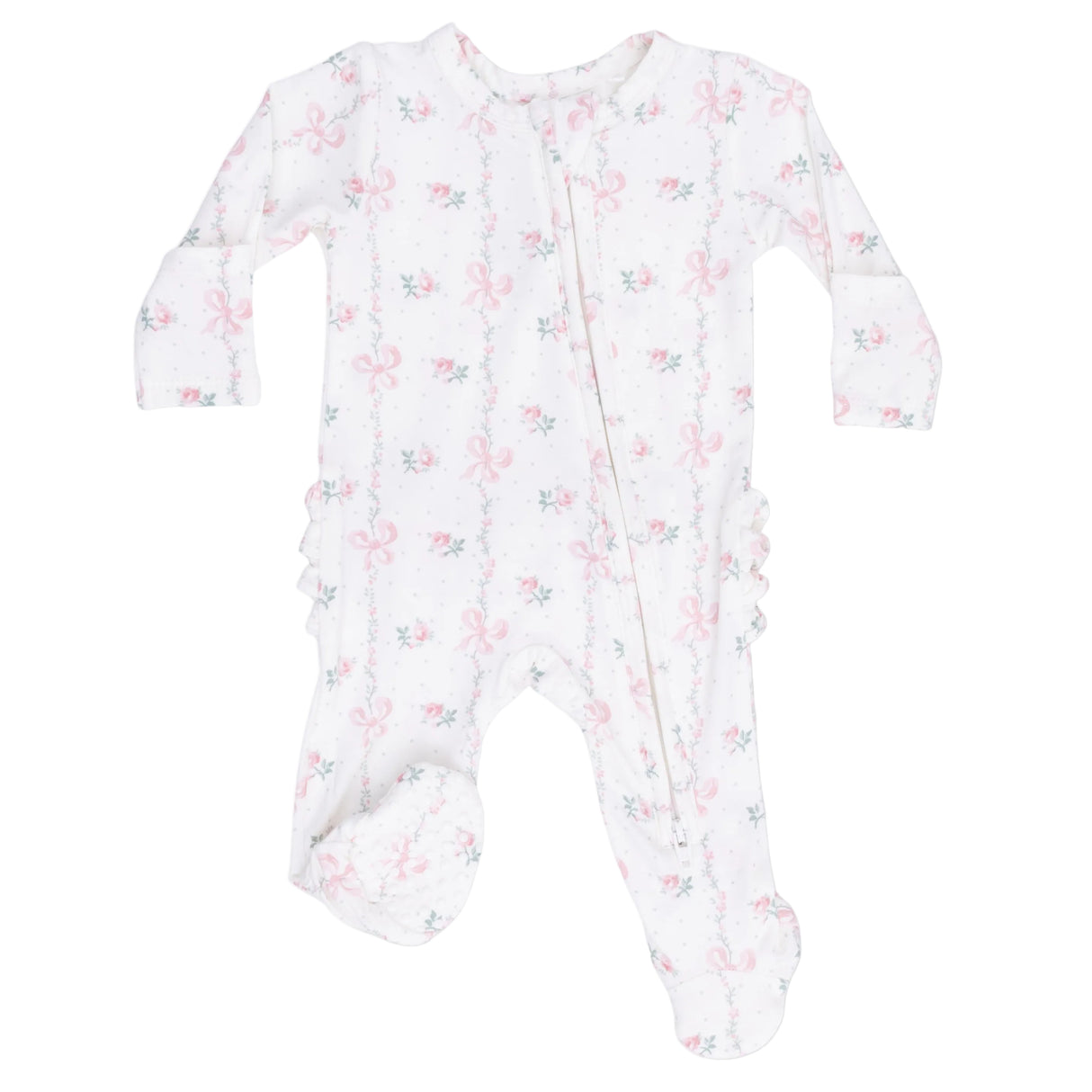 Dainty Buds and Bows - 2 Way Ruffle Back Zipper Footie