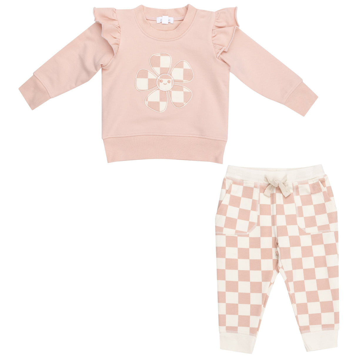 Ruffle Sweatshirt + Paperbag Jogger - Checkerboard Pink