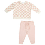 Sweatshirt W/ Shoulder Placket + Kanga Pocket - Checkerboard Pink