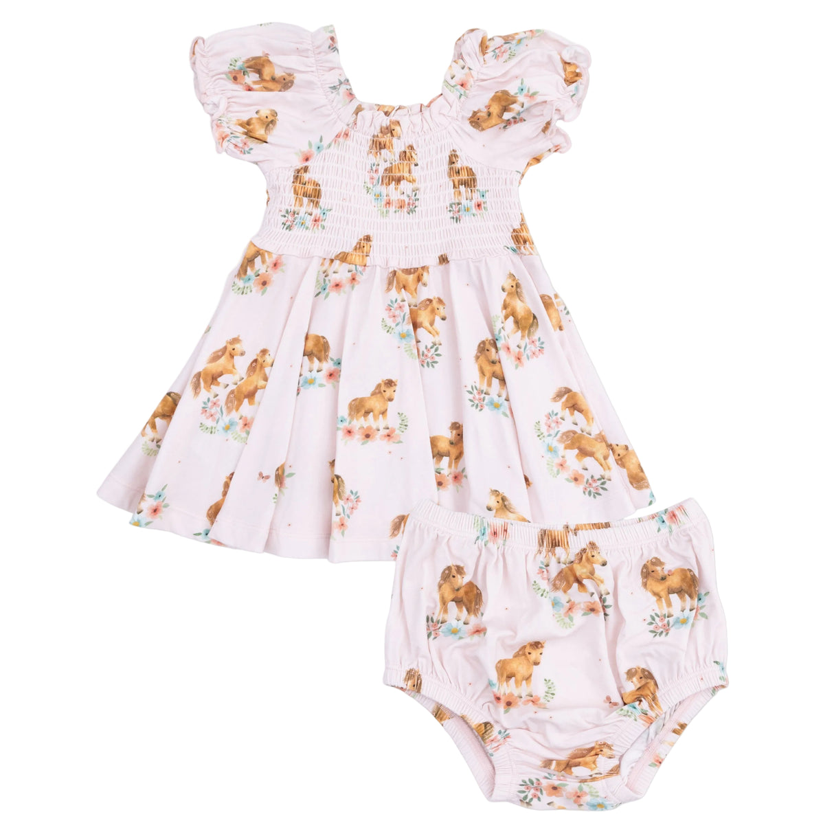 Pink Ponies - Smocked Twirly Dress and Bloomer