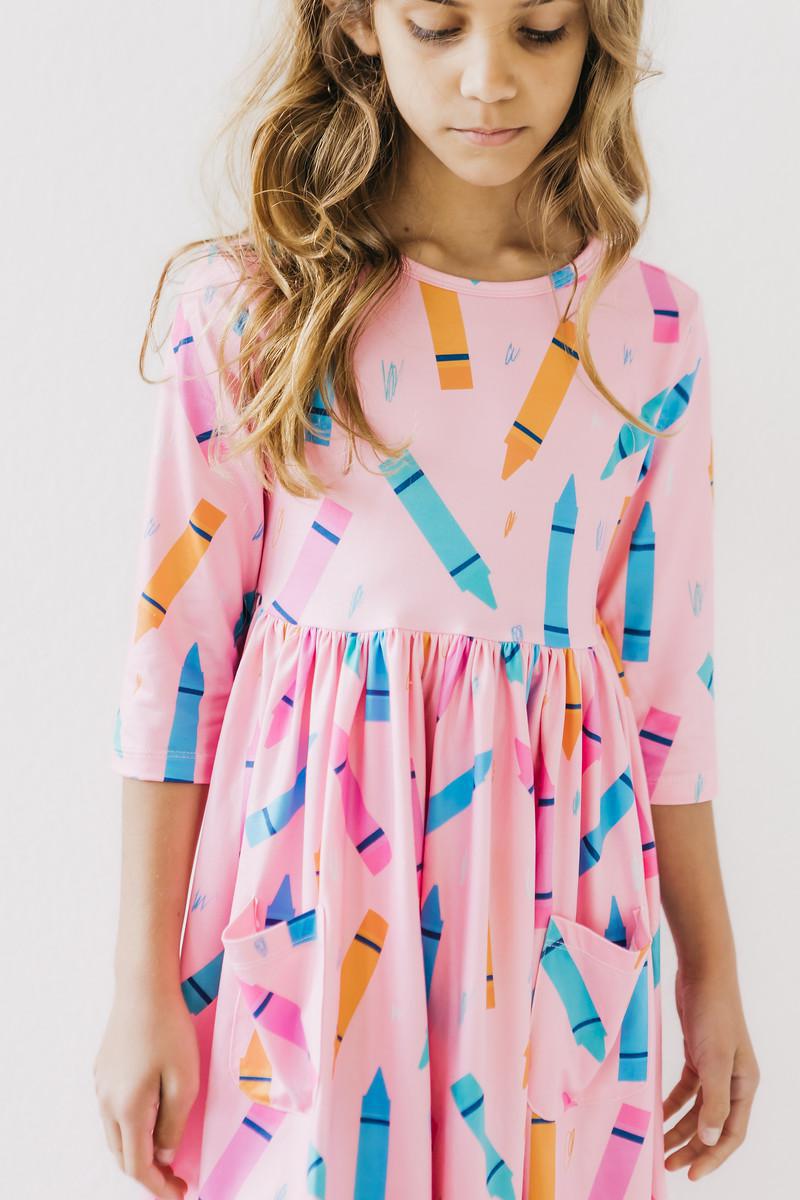 Color Crayons 3/4 Sleeve Pocket Twirl Dress