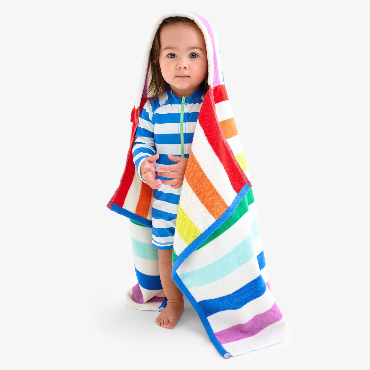 Kids White Rainbow Stripe Hoodie Towel - HoneyBug 