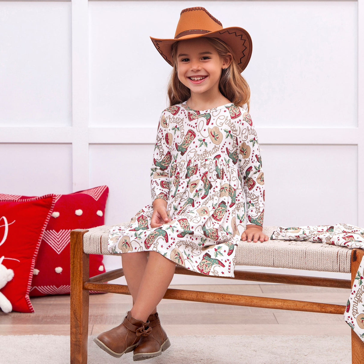 Western Christmas Girls Dress – Soft Bamboo Holiday Style - HoneyBug 