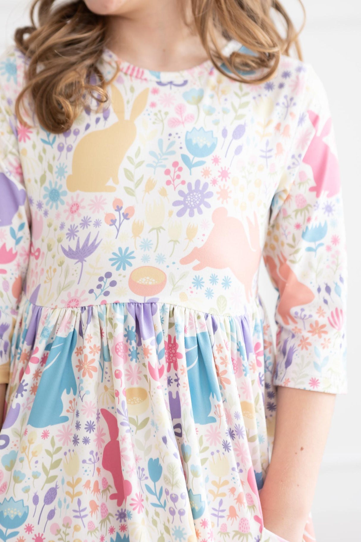 Pastel Floral Bunnies 3/4 Sleeve Pocket Twirl Dress