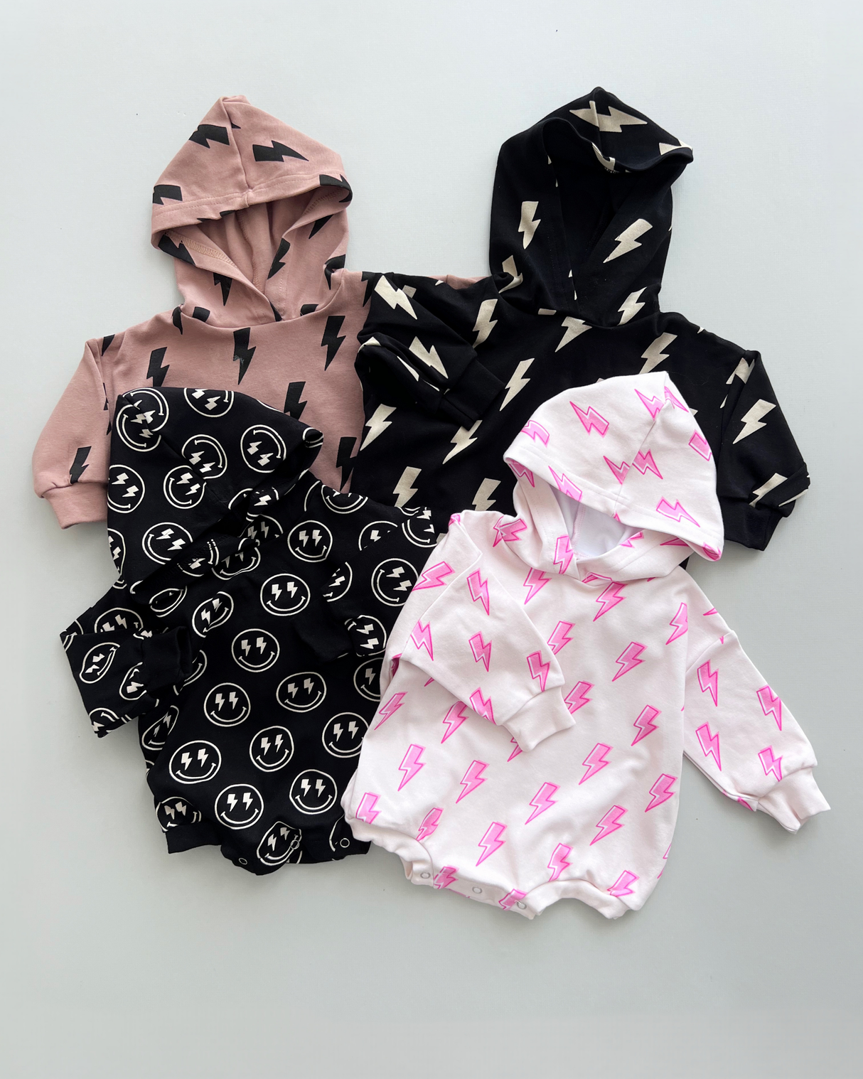 Hooded Bubble Romper  |  Black Bolts - HoneyBug 