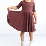MID SLEEVE TWIRL DRESS- Black Cherry Ribbed - HoneyBug 