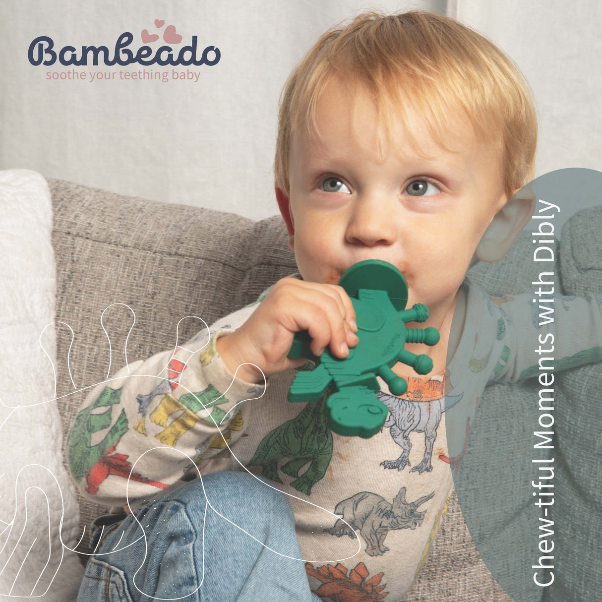 Dibly - Green - Baltic Amber & Natural Rubber Dinosaur Teether with Toothbrush Tail- - HoneyBug 