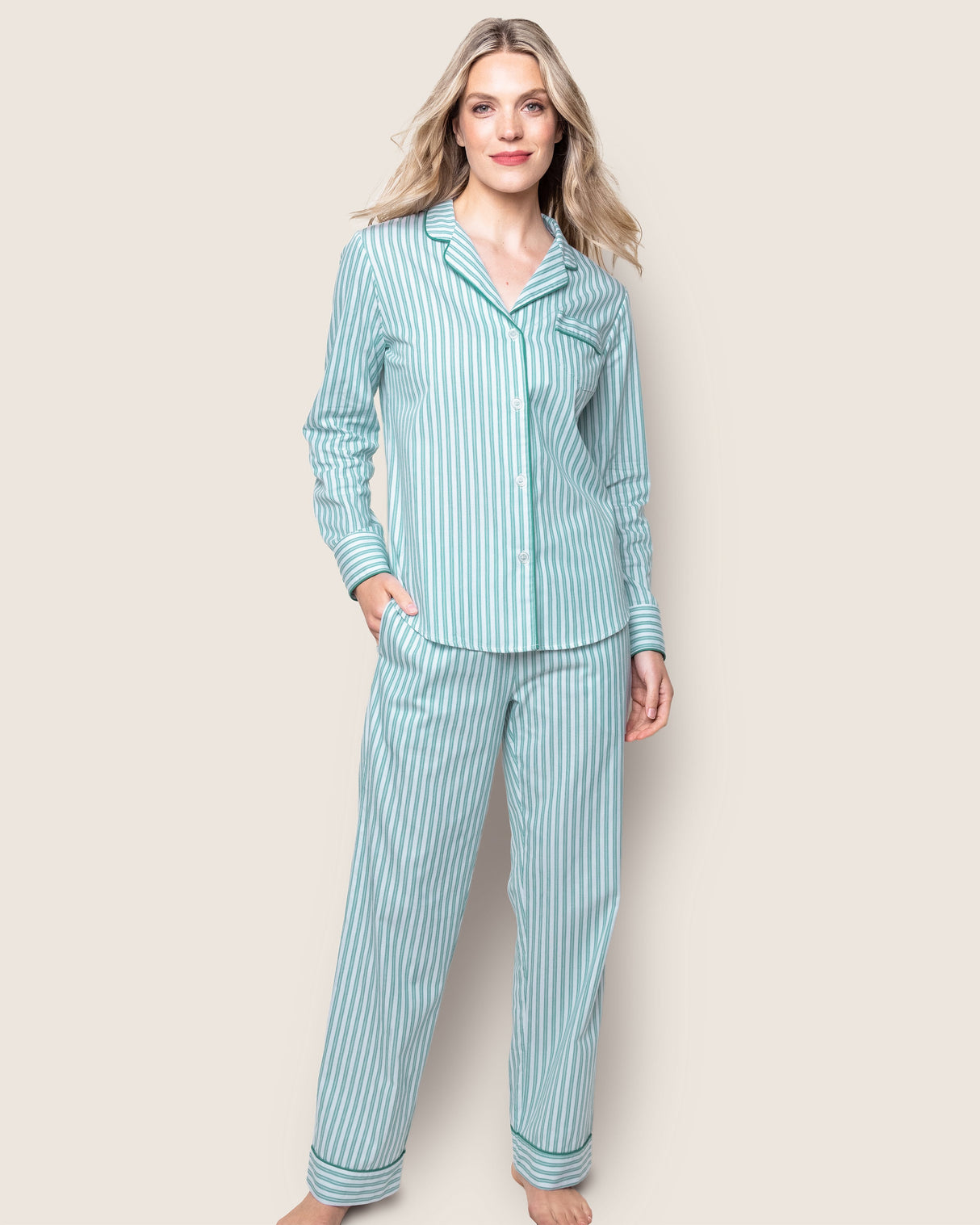 Women's Twill Pajama Set in Emerald Ticking