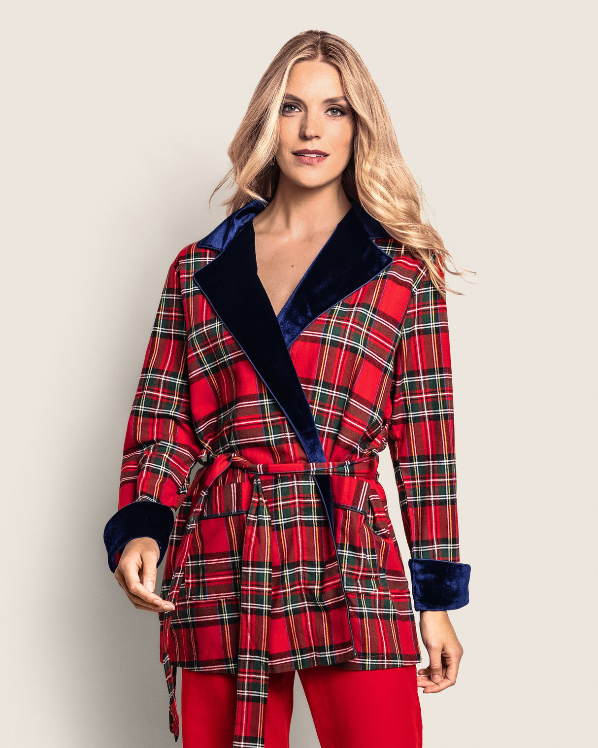 Women's Short Robe with Velvet Trim in Imperial Tartan