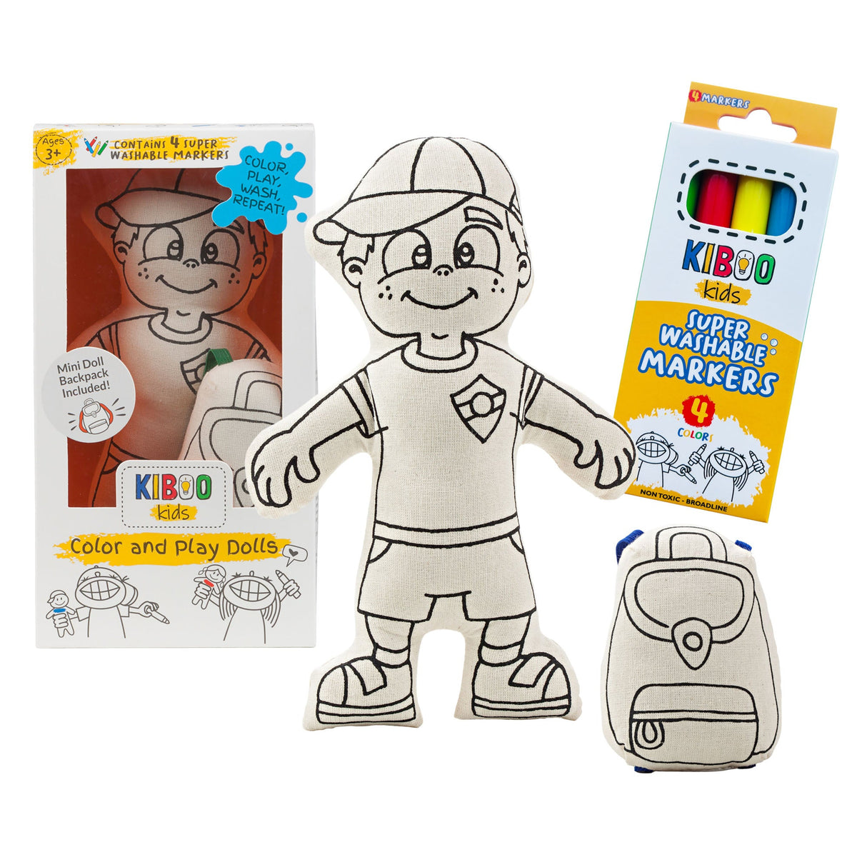 Kiboo Kids: Boy with Cap - Colorable and Washable Doll for Creative Play - HoneyBug 