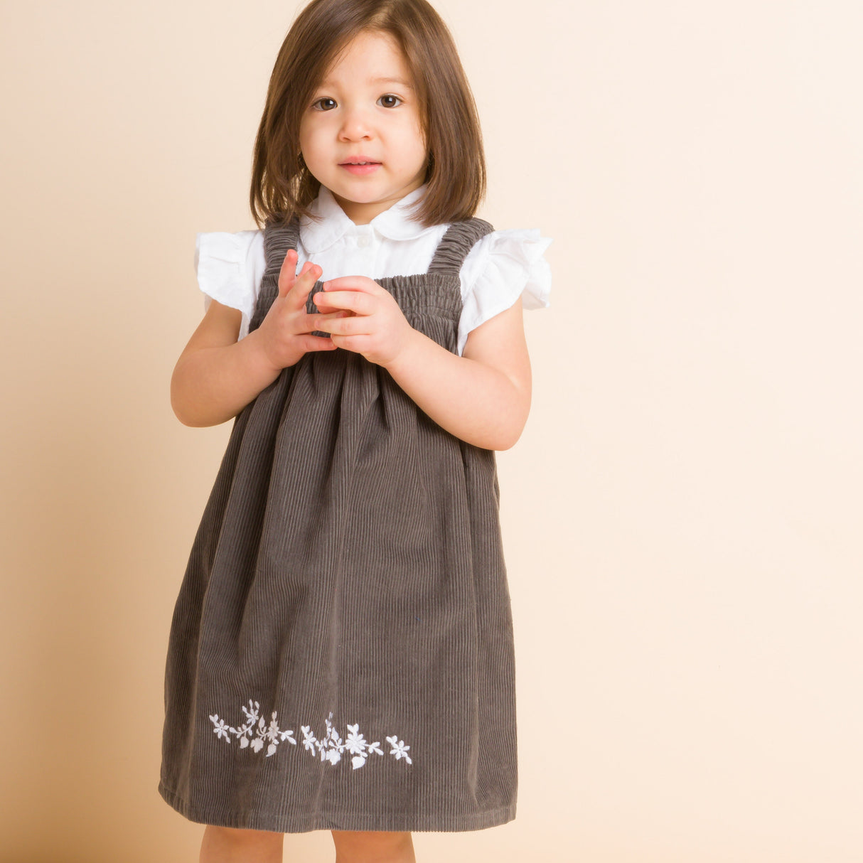 Toddler Pinafore Corduroy Dress with Embroidery | Gray & White - HoneyBug 