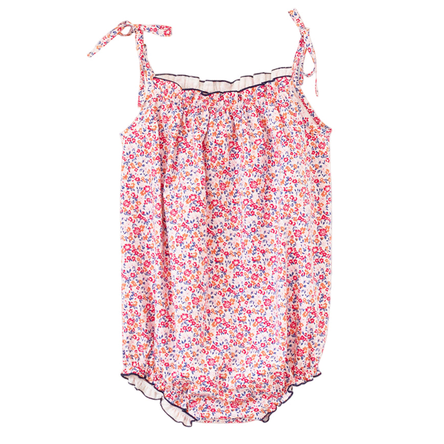 Baby Romper with Smocked Neck | Red and Blue Floral - HoneyBug 