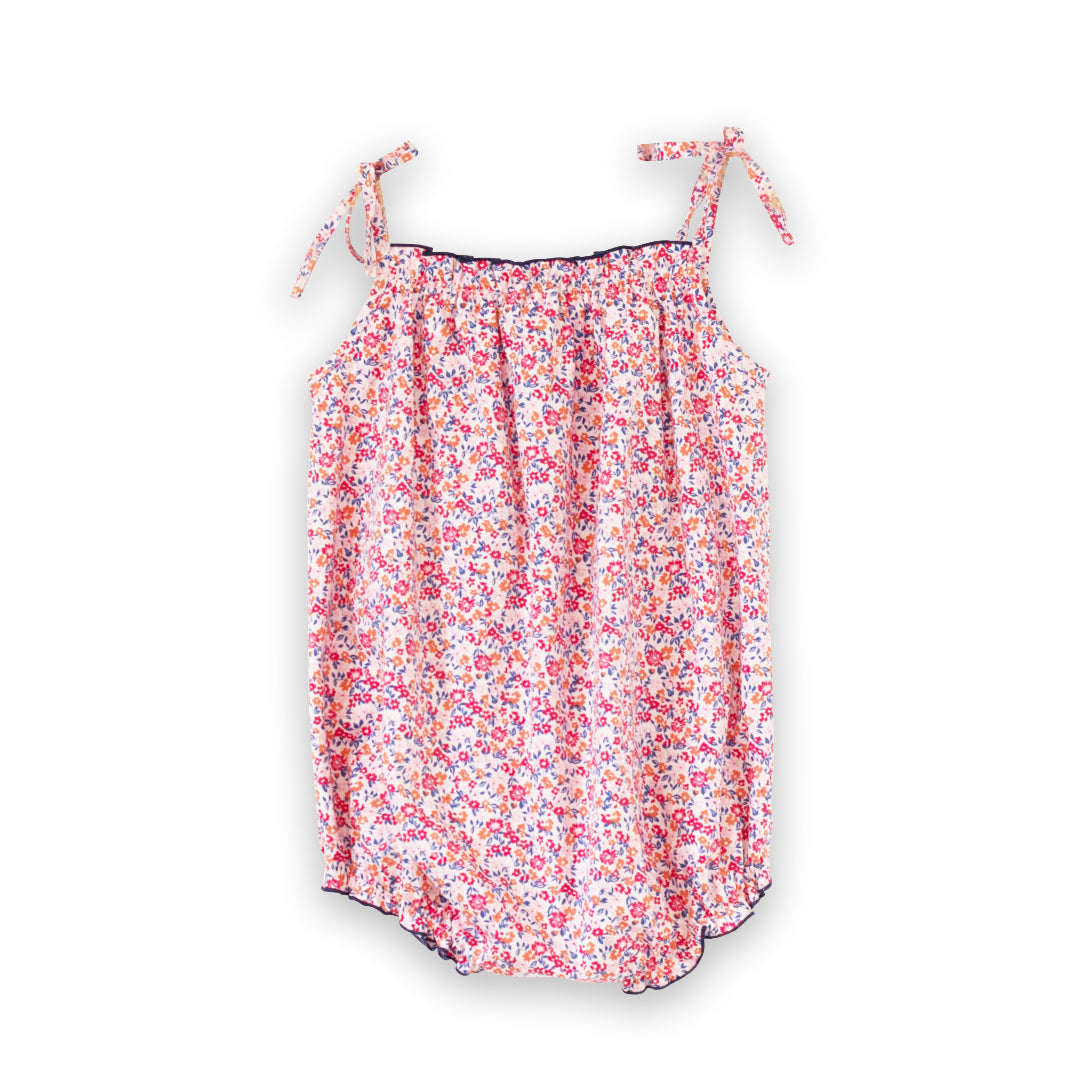 Baby Romper with Smocked Neck | Red and Blue Floral - HoneyBug 