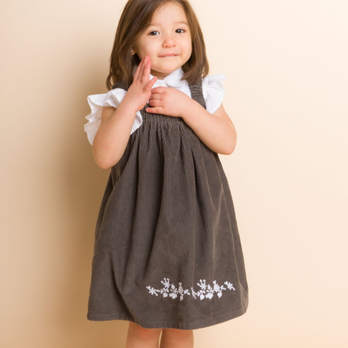 Toddler Pinafore Corduroy Dress with Embroidery | Gray & White - HoneyBug 