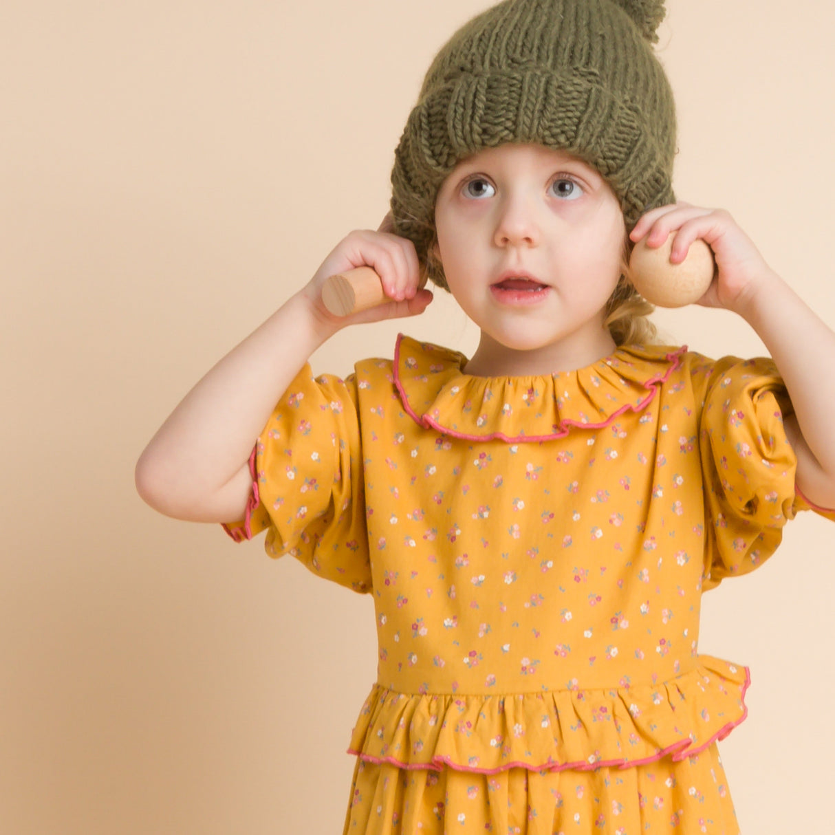 Girls' Ruffle Collar Long Sleeve Dress | Mustard and Pink - HoneyBug 