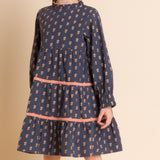 Girls' Long Sleeves Tiered Skirt Dress with Velvet Trim | Orange Floral - HoneyBug 