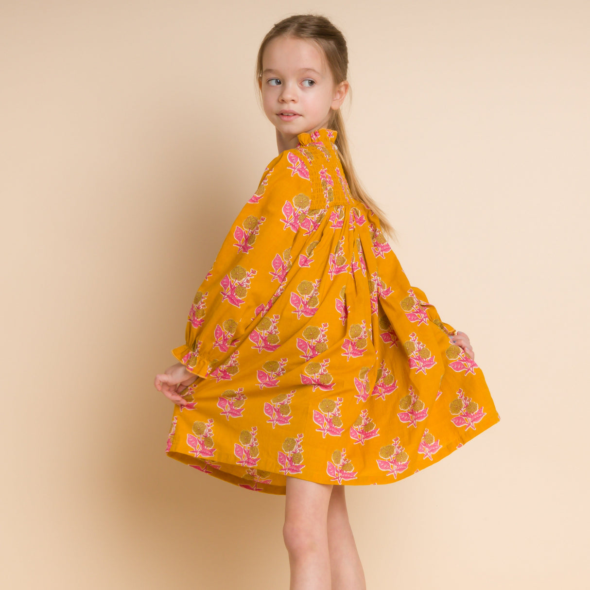 Girls' Smocked Long Sleeve Dress | Mustard and Pink - HoneyBug 
