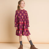 Girls' Long Sleeves Tiered Skirt Dress with Velvet Trim | Purple and Red - HoneyBug 