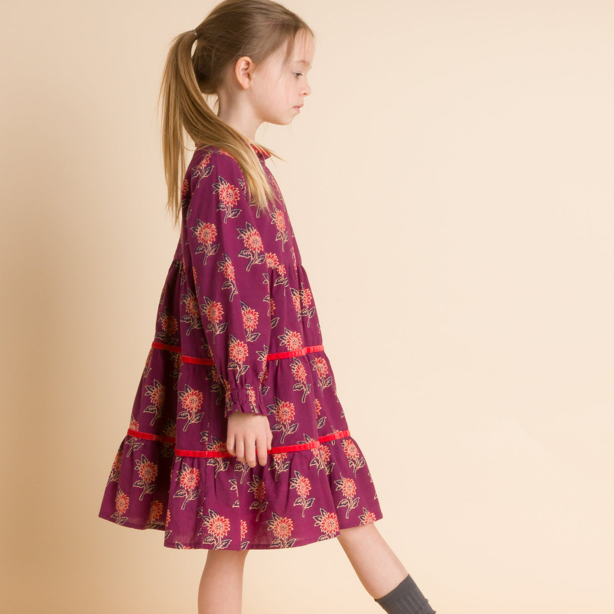 Girls' Long Sleeves Tiered Skirt Dress with Velvet Trim | Purple and Red - HoneyBug 