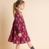 Girls' Long Sleeves Tiered Skirt Dress with Velvet Trim | Purple and Red - HoneyBug 
