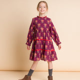 Girls' Long Sleeves Tiered Skirt Dress with Velvet Trim | Purple and Red - HoneyBug 