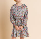 Girls' Ruffle Collar Long Sleeve Dress | Blue and Mustard Floral - HoneyBug 